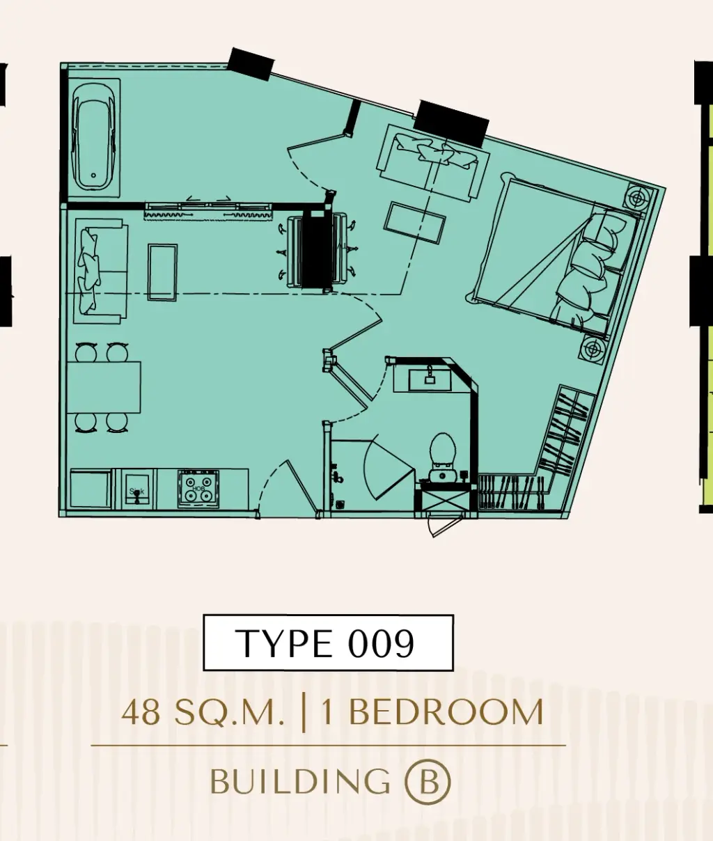 1 Bedroom Condo for Sale at Love It Wongamat Beach open-plan living room with dining table, kitchen and bedroom view
