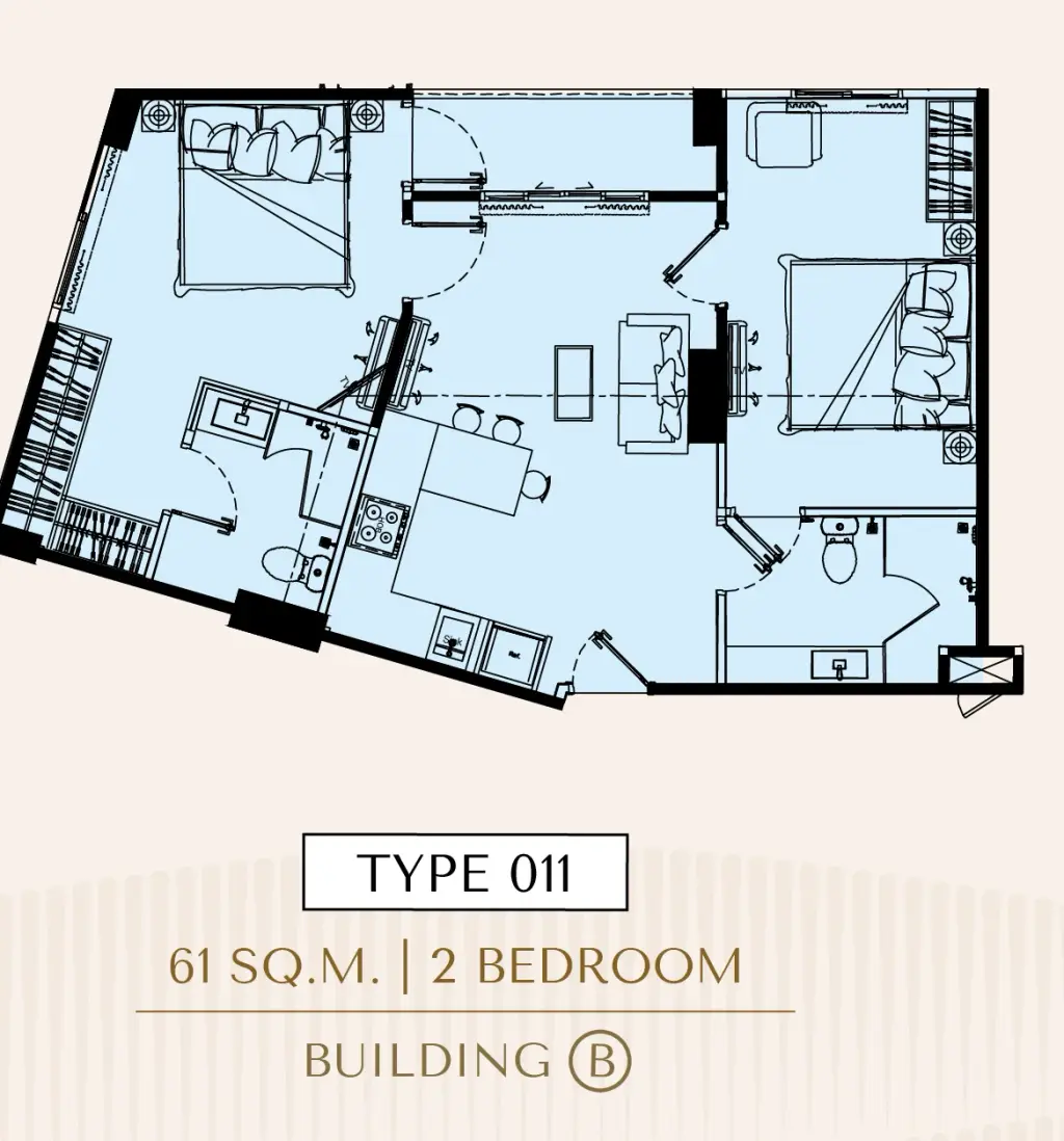 2 Bedroom Condo for Sale at Love It Wongamat Beach open-plan kitchen, dining area and living room with sea view balcony