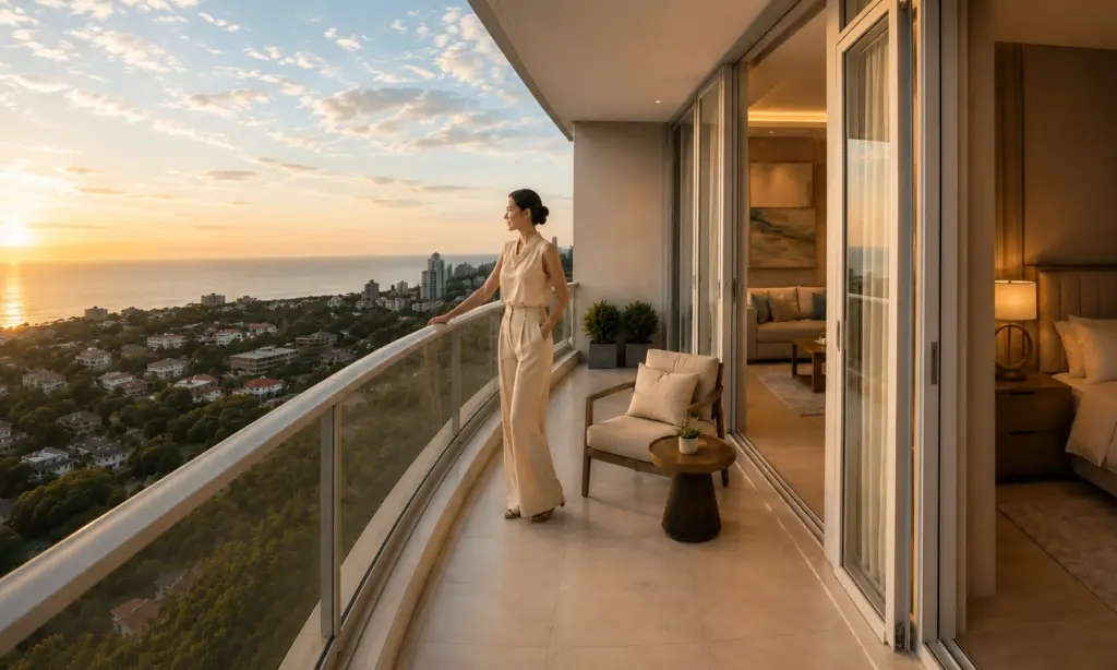 Studio Condo for Sale at Love It Wongamat Beach woman admiring sunset ocean view from curved balcony