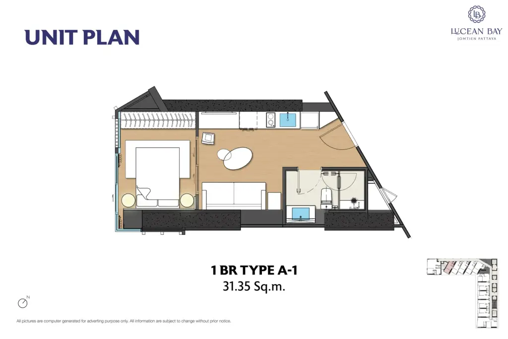 1 Bedroom Condo for Sale at Lucean Bay Jomtien Pattaya, Pattaya, Thailand — 1-bedroom Condo — floor plan