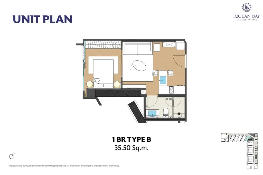 1 Bedroom Condo for Sale at Lucean Bay Jomtien Pattaya, Pattaya, Thailand — 1-bedroom Condo — floor plan