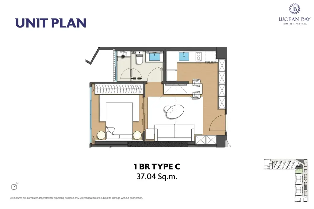 1 Bedroom Condo for Sale at Lucean Bay Jomtien Pattaya, Pattaya, Thailand — 1-bedroom Condo — floor plan