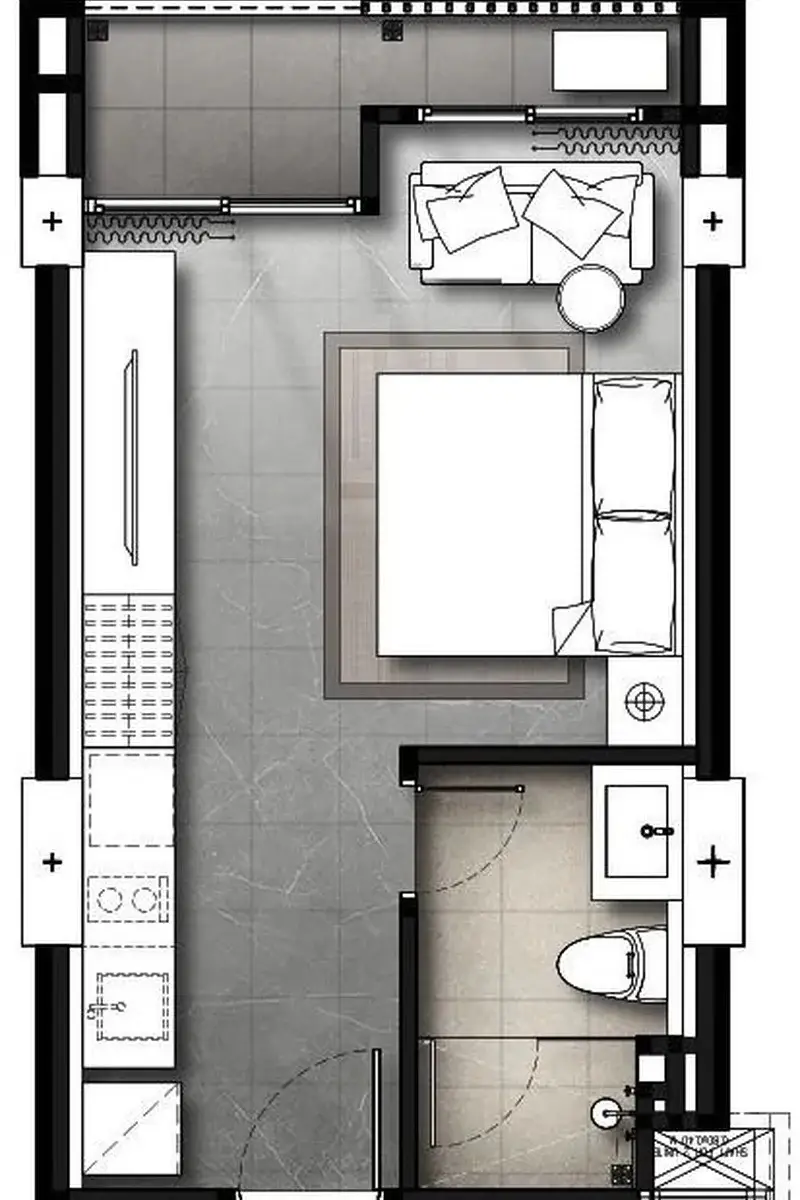 Studio Condo for Sale at Panora Estuaria bedroom with sea view floor-to-ceiling windows and TV console