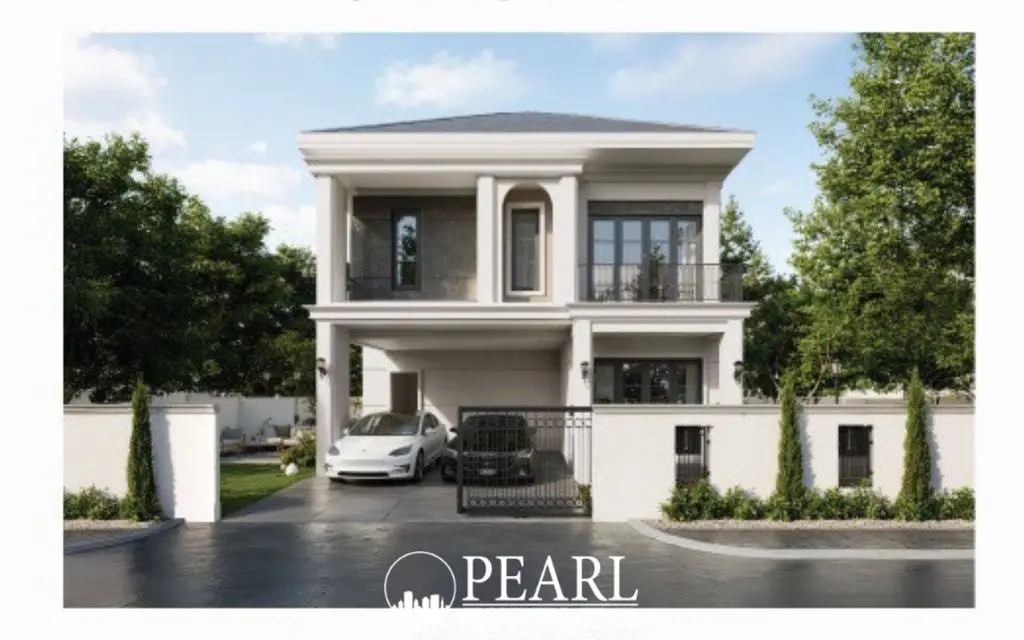 Spring Town Pool Villa Pattaya a modern two-story house with a carport, two cars, and a black gate.