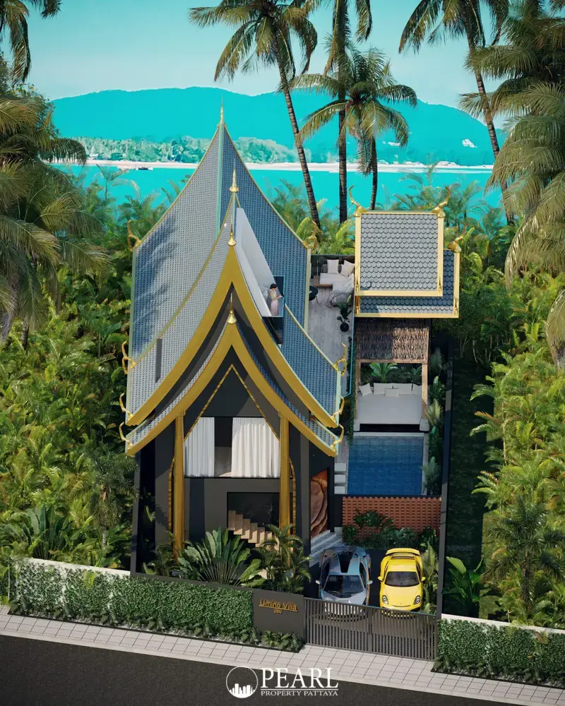 Umino villa Bang Saray aerial view of the house with traditional Thai roof, pool, and ocean backdrop.