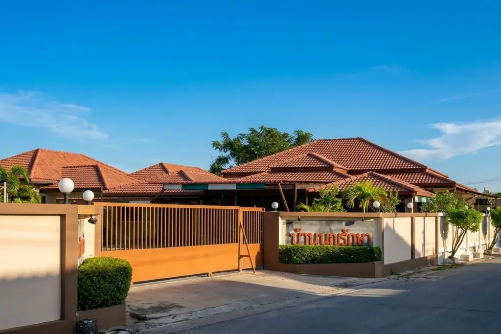 Baan Boon Raksa main entrance with orange gate, sign, and red-tiled roofs of the buildings in Pattaya.