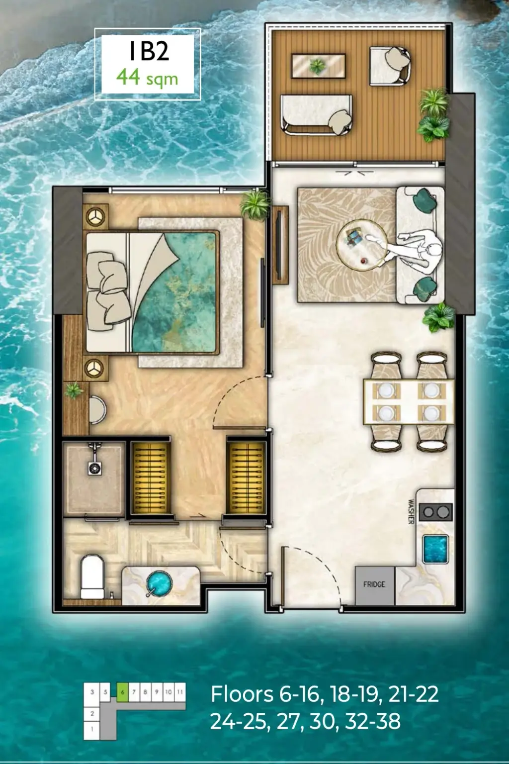 1 Bedroom Condo for Sale at The Riviera Palm Beach Wongamat, Pattaya, Thailand — 1-bedroom Condo — floor plan