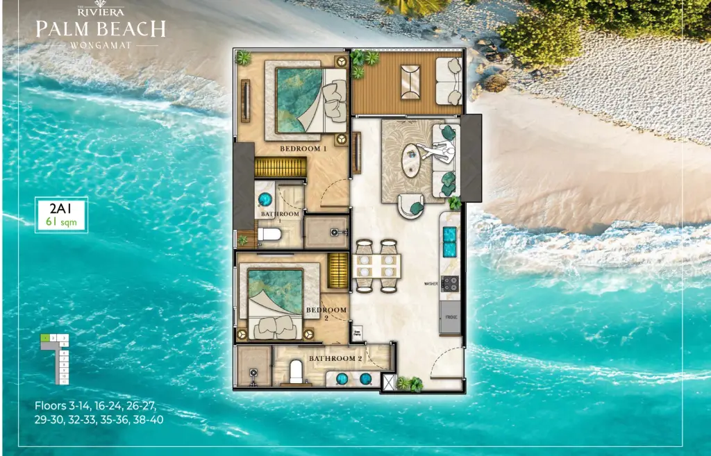 2 Bedroom Condo for Sale at The Riviera Palm Beach Wongamat, Pattaya, Thailand — 2-bedroom Condo — floor plan