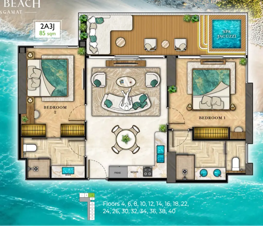 2 Bedroom Condo for Sale at The Riviera Palm Beach Wongamat, Pattaya, Thailand — 2-bedroom Condo — floor plan