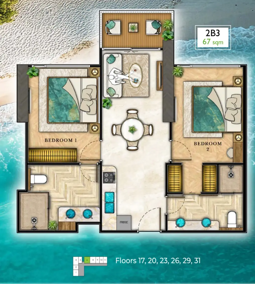 2 Bedroom Condo for Sale at The Riviera Palm Beach Wongamat, Pattaya, Thailand — 2-bedroom Condo — floor plan