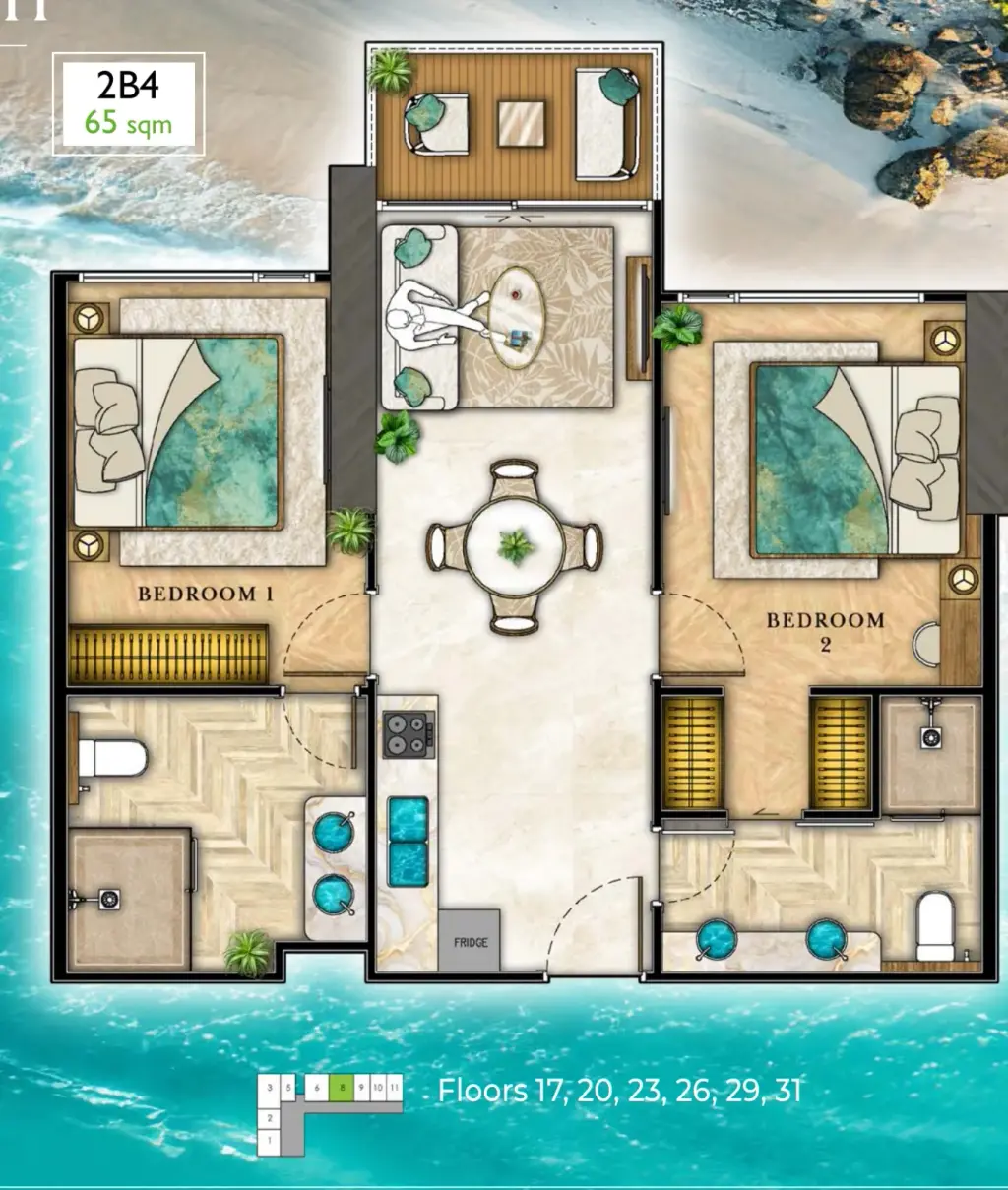 2 Bedroom Condo for Sale at The Riviera Palm Beach Wongamat, Pattaya, Thailand — 2-bedroom Condo — floor plan