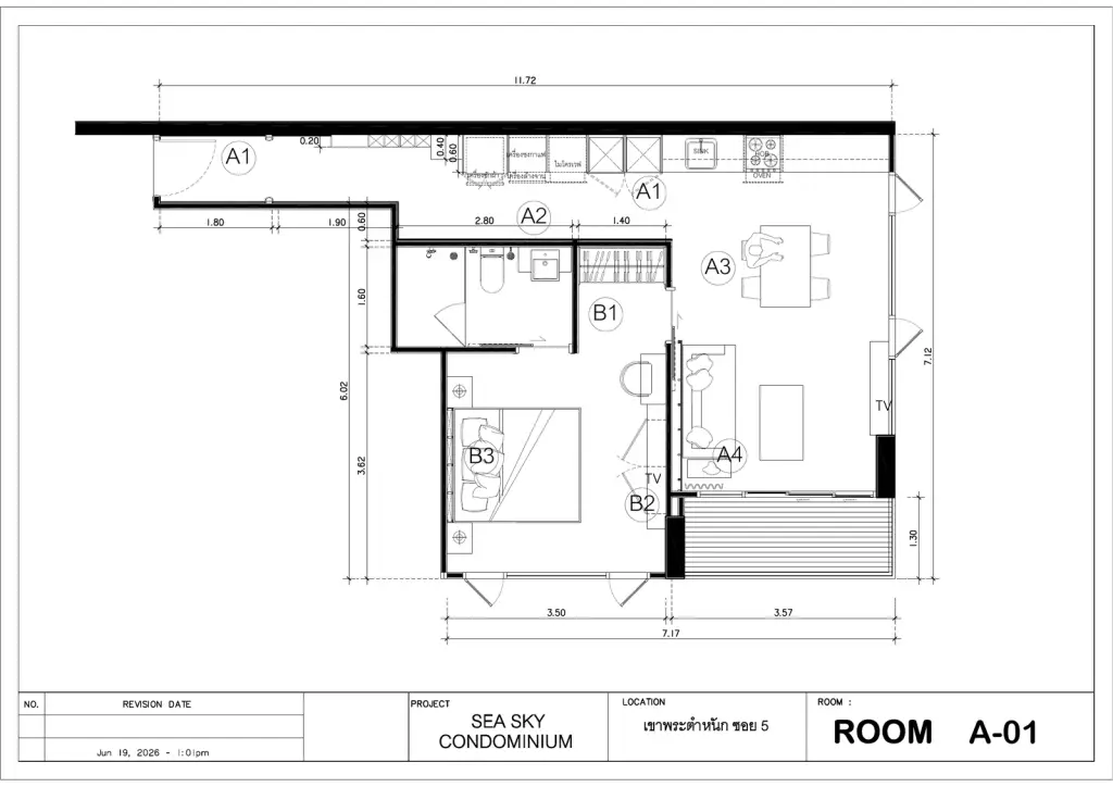 1 Bedroom Condo for Sale at Sea Sky By Sand open-plan kitchen with black marble island and modern cabinetry