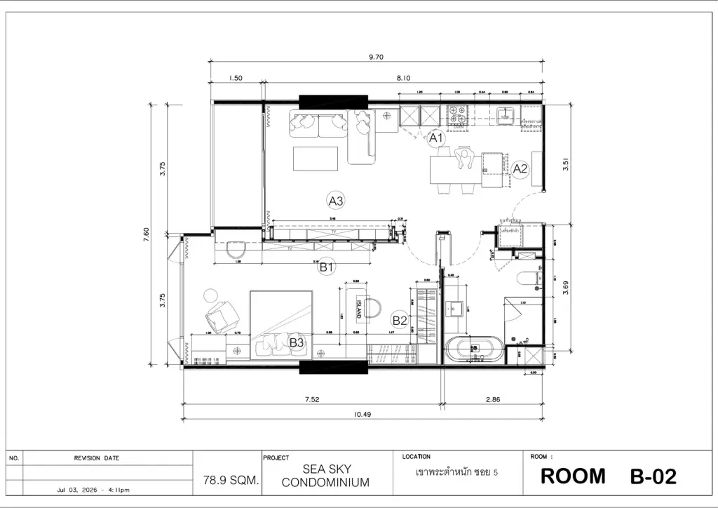 1 Bedroom Condo for Sale at Sea Sky By Sand living room with sectional sofa, wall-mounted TV and electric fireplace