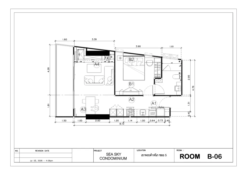 1 Bedroom Condo for Sale at Sea Sky By Sand open-plan living room, dining table, and marble kitchen island with wine display