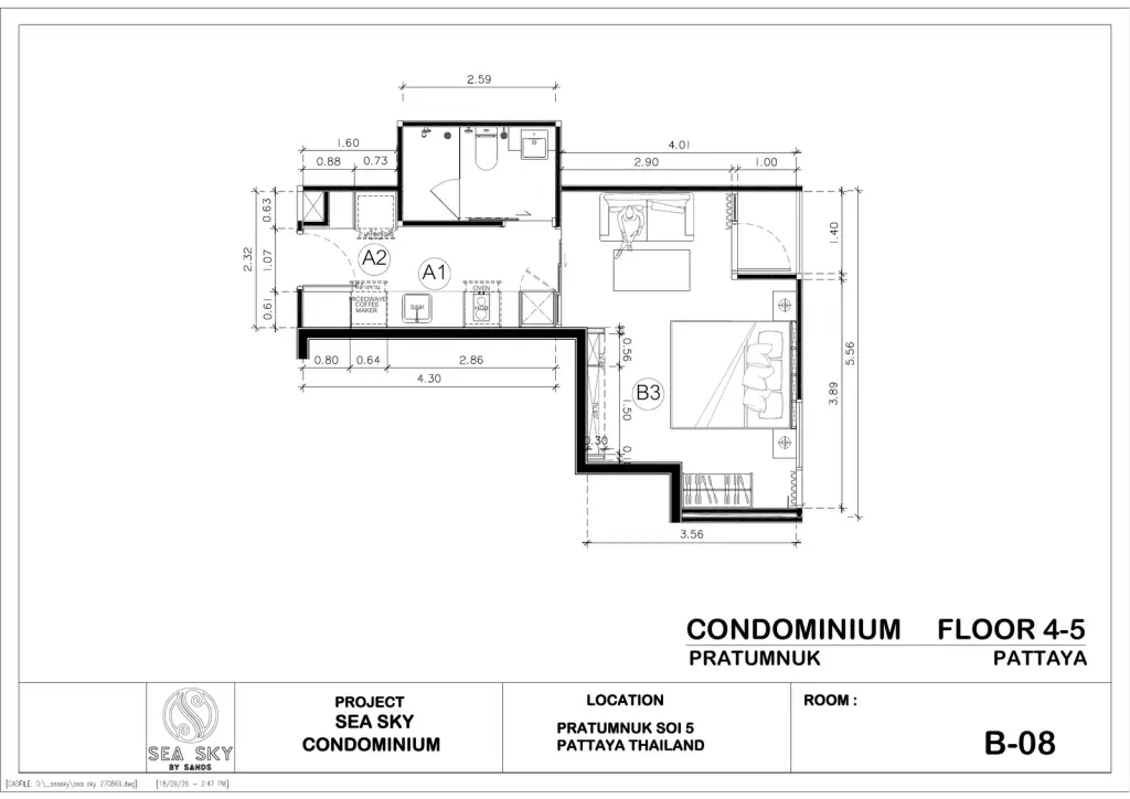 1 Bedroom Condo for Sale at Sea Sky By Sand living area with wall-mounted TV and built-in electric fireplace