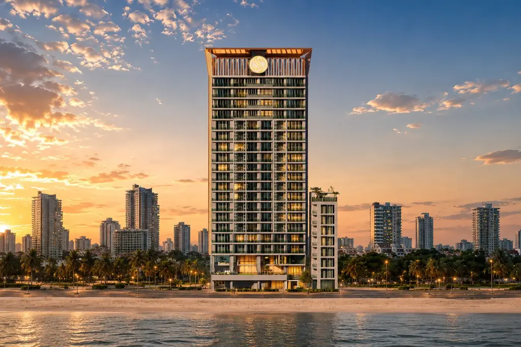 1 Bedroom Condo for Sale at Sea Sky By Sand high-rise tower exterior at sunset near beachfront Pattaya