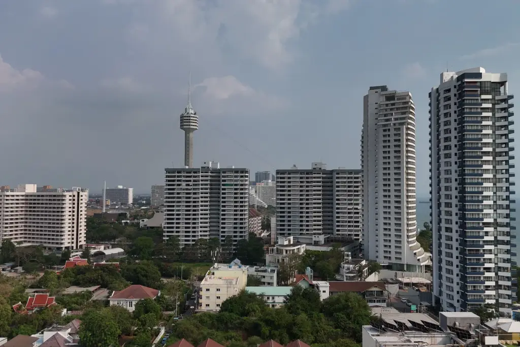1 Bedroom Condo for Sale at Sea Sky By Sand aerial view of Pattaya skyline and high-rise towers near the coast