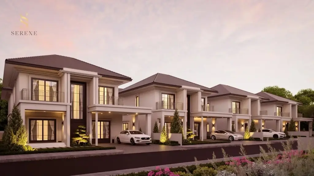 Serene Home: Row of modern white houses with dark roofs and cars in driveways at dusk.