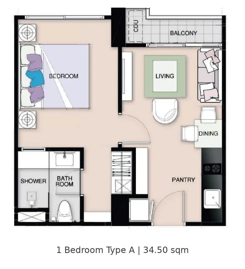 1 Bedroom Condo for Sale at Seven Seas Le Carnival, Pattaya, Thailand — 1-bedroom Condo — floor plan