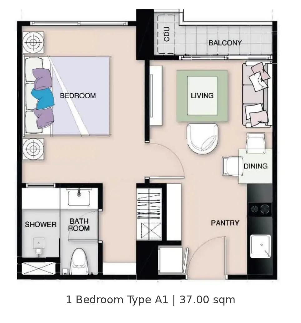 1 Bedroom Condo for Sale at Seven Seas Le Carnival, Pattaya, Thailand — 1-bedroom Condo — floor plan
