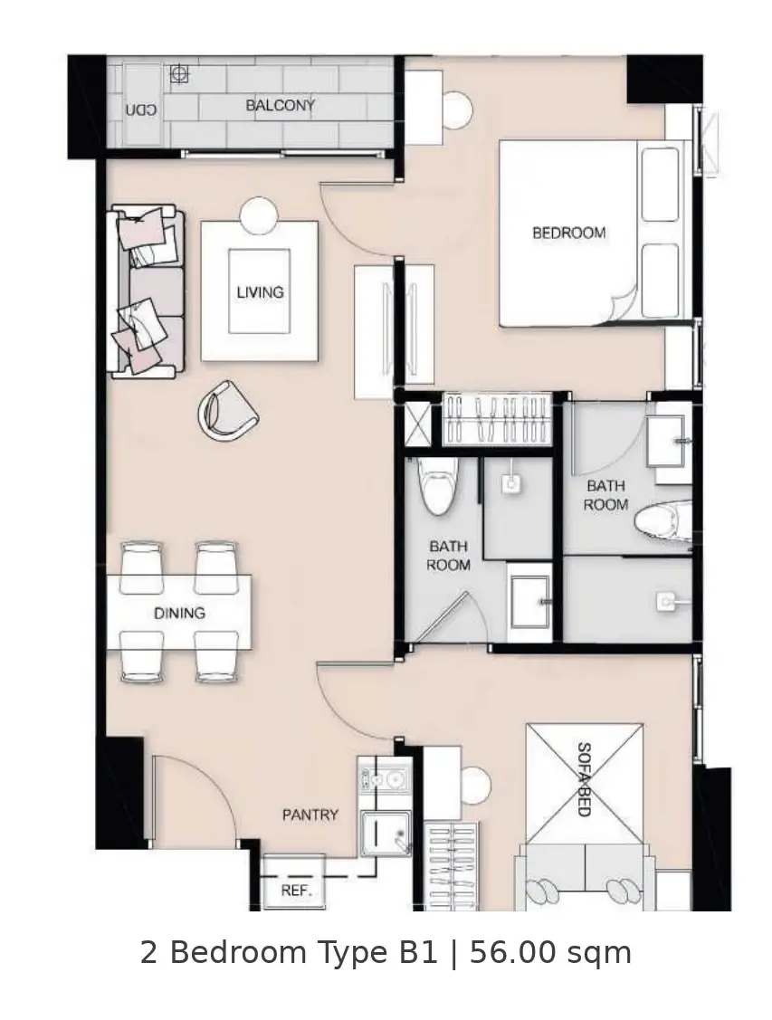 2 Bedroom Condo for Sale at Seven Seas Le Carnival, Pattaya, Thailand — 2-bedroom Condo — floor plan