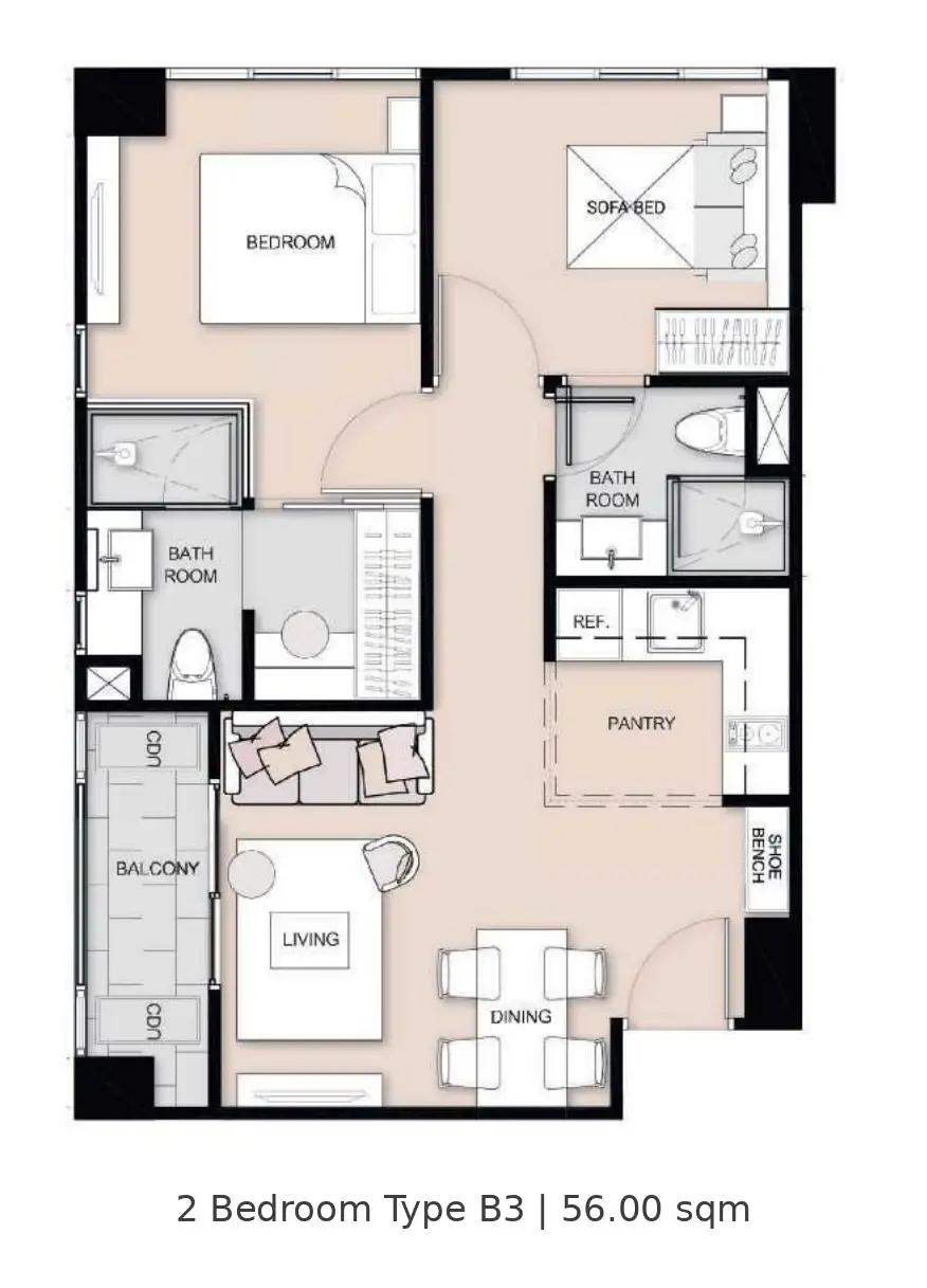 2 Bedroom Condo for Sale at Seven Seas Le Carnival, Pattaya, Thailand — 2-bedroom Condo — floor plan
