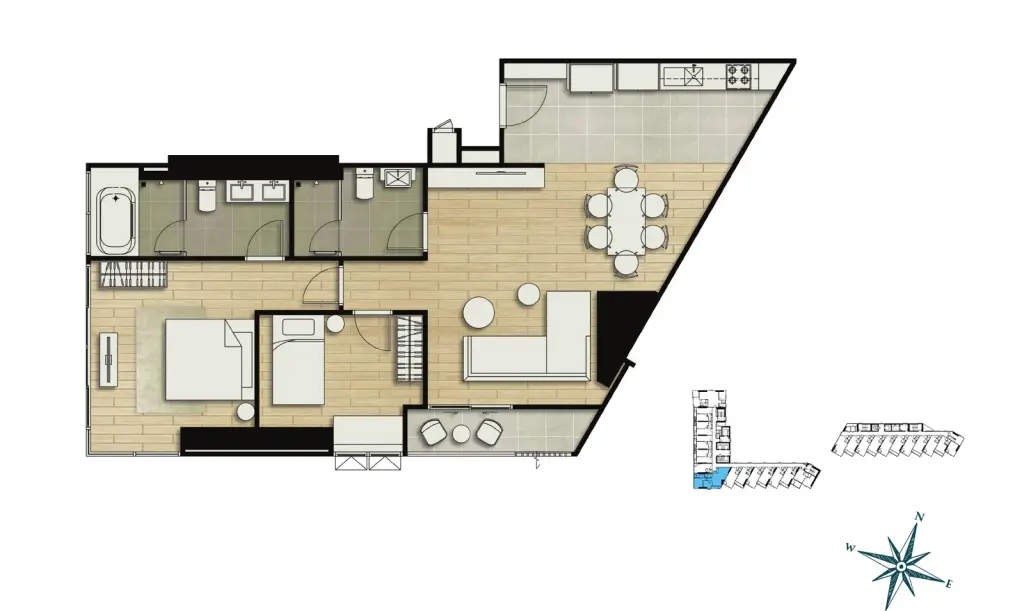 2 Bedroom Condo for Sale at SKYPARK Lucean Jomtien Pattaya living room sectional sofa with floor-to-ceiling windows and greenery view