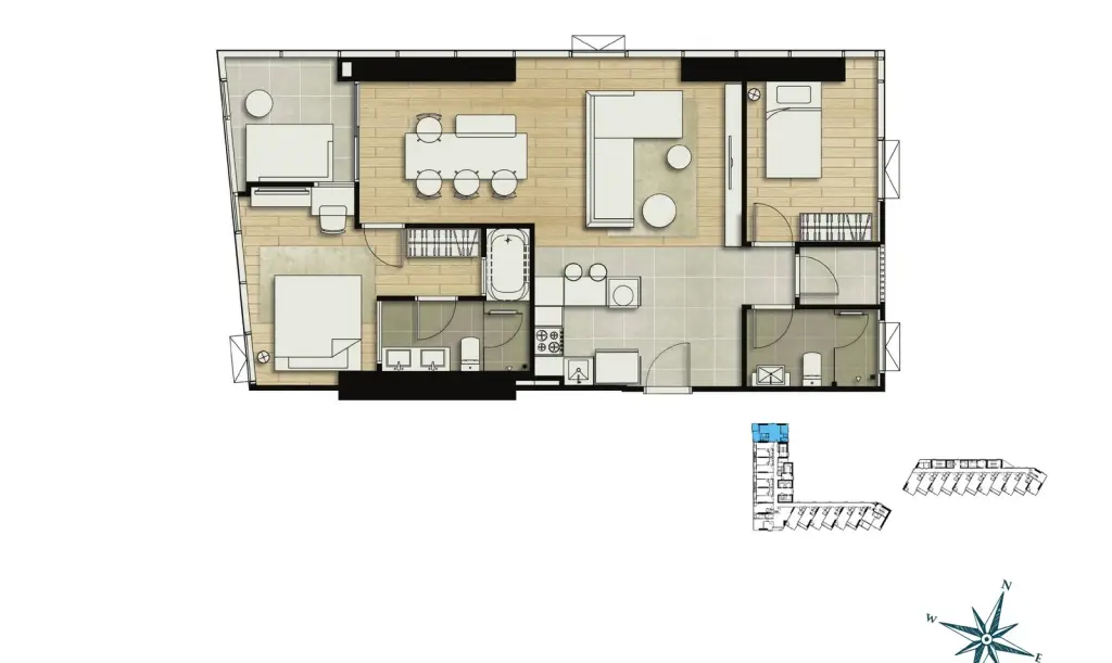 2 Bedroom Condo for Sale at SKYPARK Lucean Jomtien Pattaya living room sectional sofa with floor-to-ceiling windows and greenery view