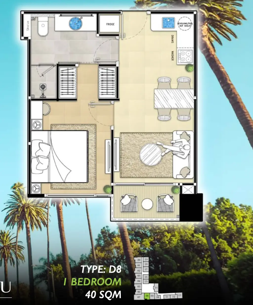 1 Bedroom Condo for Sale at The Riviera Malibu living room with leather sofa and balcony city view