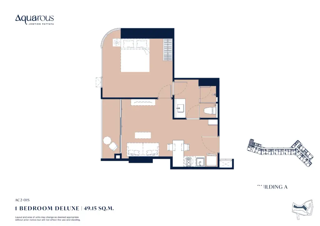 1 Bedroom Condo for Sale at Aquarous Jomtien Pattaya open-plan living room and kitchen with marble island and white sofa