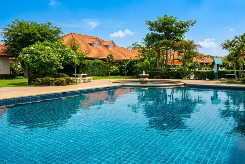 Pattaya Hill Village 1 swimming pool with blue tiles, fountain, patio, and houses with orange roofs in background.