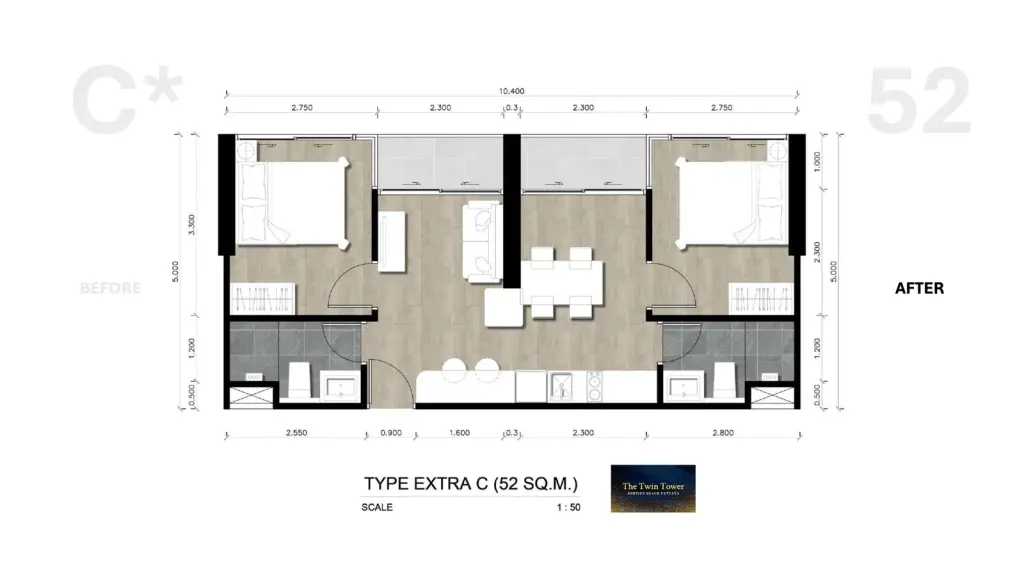 2 Bedroom Condo for Sale at The Twin Tower Jomtien Beach Pattaya modern living room with grey sofa, TV, and floor-to-ceiling balcony windows