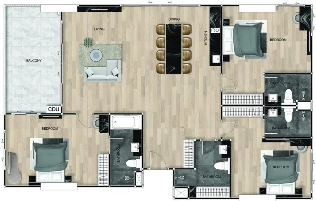 3 Bedroom Condo for Sale at Zenith 2 modern bedroom with dark marble wall, large bed, TV, and window view of trees.