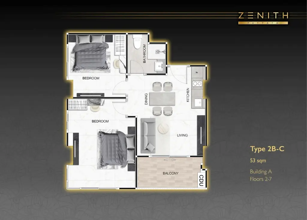 2 Bedroom Condo for Sale at Zenith Pattaya master bedroom with marble accent wall and quilted headboard