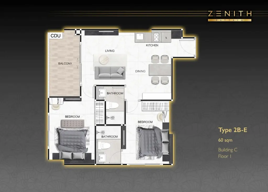 2 Bedroom Condo for Sale at Zenith Pattaya open-plan living area with marble floors and hallway to bedrooms