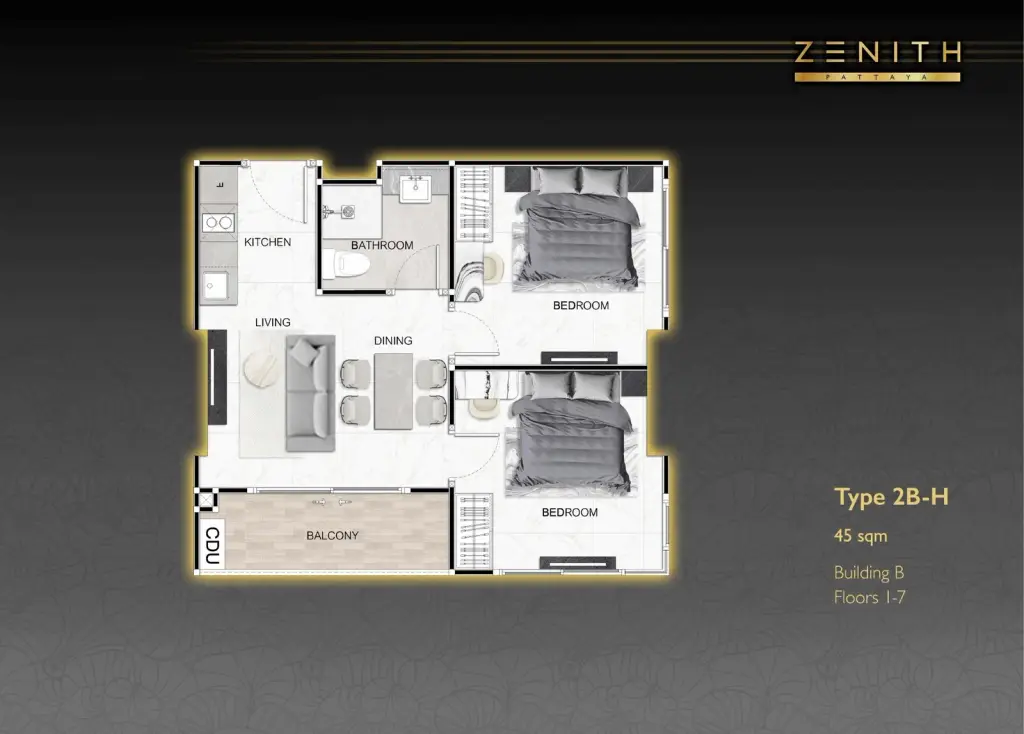 2 Bedroom Condo for Sale at Zenith Pattaya open-plan living room with cream sofa and marble dining table setting