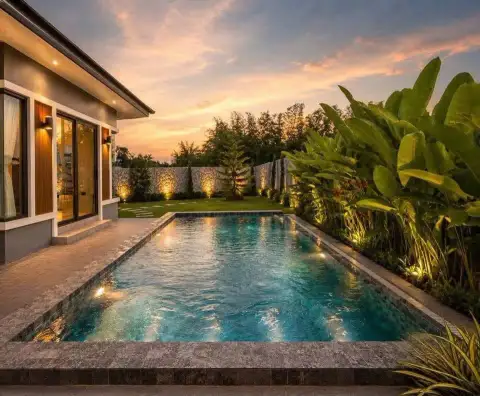 3 Bedroom House for Sale in Pattaya landscaped garden with stepping stone path and pool