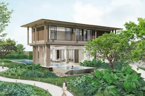 Patta Riverine two-storey luxury house exterior with private pool, sun loungers, and tropical garden landscape