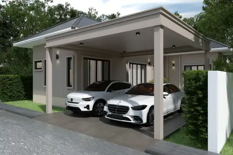 Living 19 At Santisuk covered double carport with two white luxury cars and wall-lit house entrance