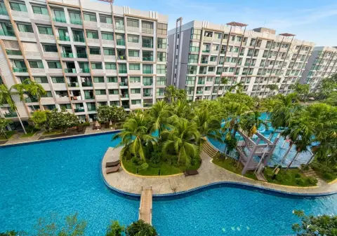 2 Bedroom Condo for Sale at Dusit Grand Park 1 aerial view of condo buildings and resort-style lagoon pool
