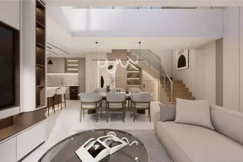 4 Bedroom House for Sale at Areeya Villa spacious living and dining area with glass staircase and marble flooring