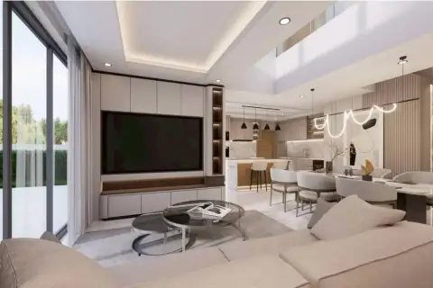 4 Bedroom House for Sale at Areeya Villa open-plan living room with built-in TV unit, high ceilings and pool views