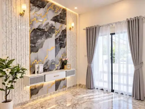 3 Bedroom House for Sale in East Pattaya hallway with marble gold-accent feature wall and glass sliding door