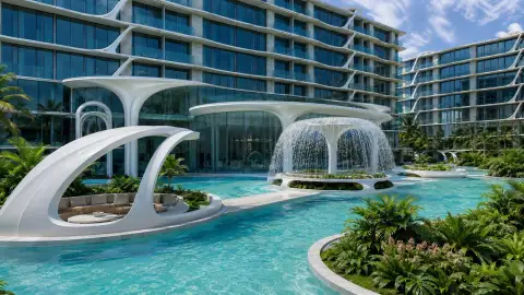 Embassy World wellness spa with aqua cinema heated pool, thermal galaxy saunas, hydro therapy capsule, and yoga studio