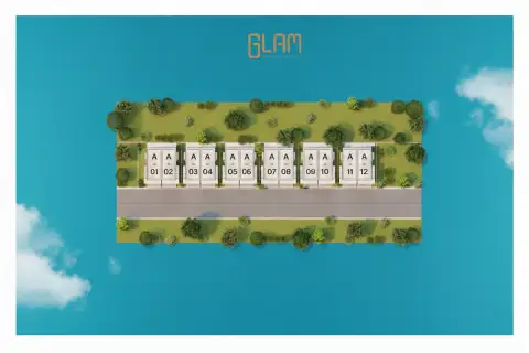 Glam Boonsampan 6 site plan showing a row of twelve townhouses with green spaces and a central road.