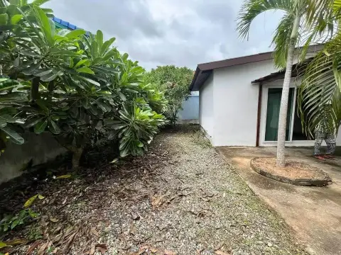 2 Bedroom House for Sale in Huai Yai side yard walkway with palm tree and sliding glass door