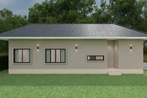 Living 19 At Santisuk rear exterior side wall with large windows, wall lights, and green lawn