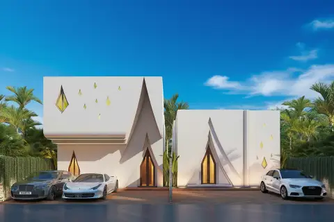 Inara Villa modern entrance with glass facade, water feature, vertical garden, and architectural lighting at night.