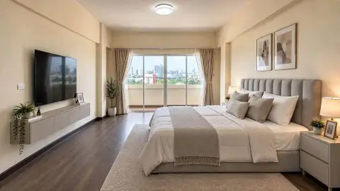 3 Bedroom Condo for Sale at Keha Thepprasit primary bedroom with wall-mounted TV, upholstered bed and balcony city view