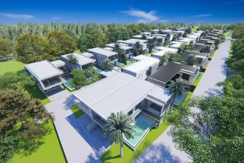 Luxury Vista Villas modern villa with private pool, two luxury cars, and tropical landscaping.